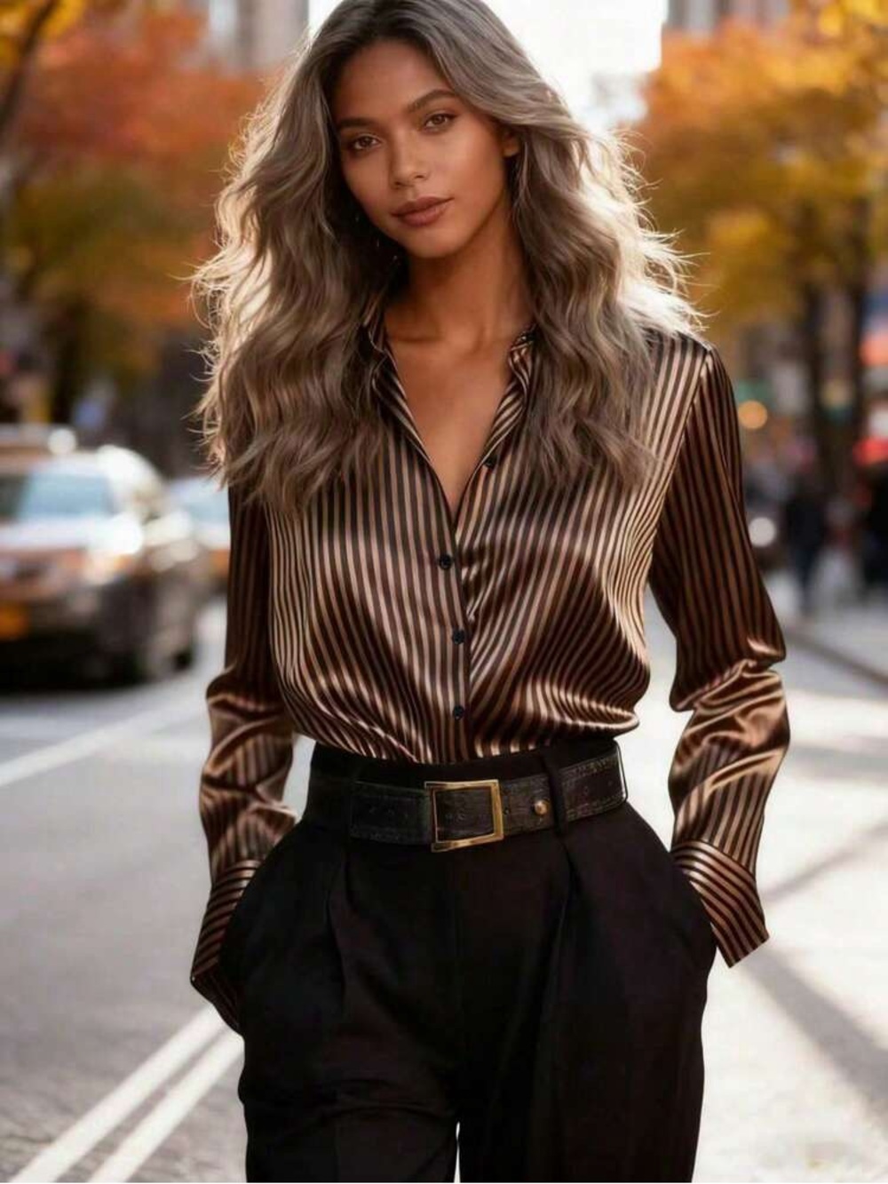 Striped Button-Up Blouse in Bronze